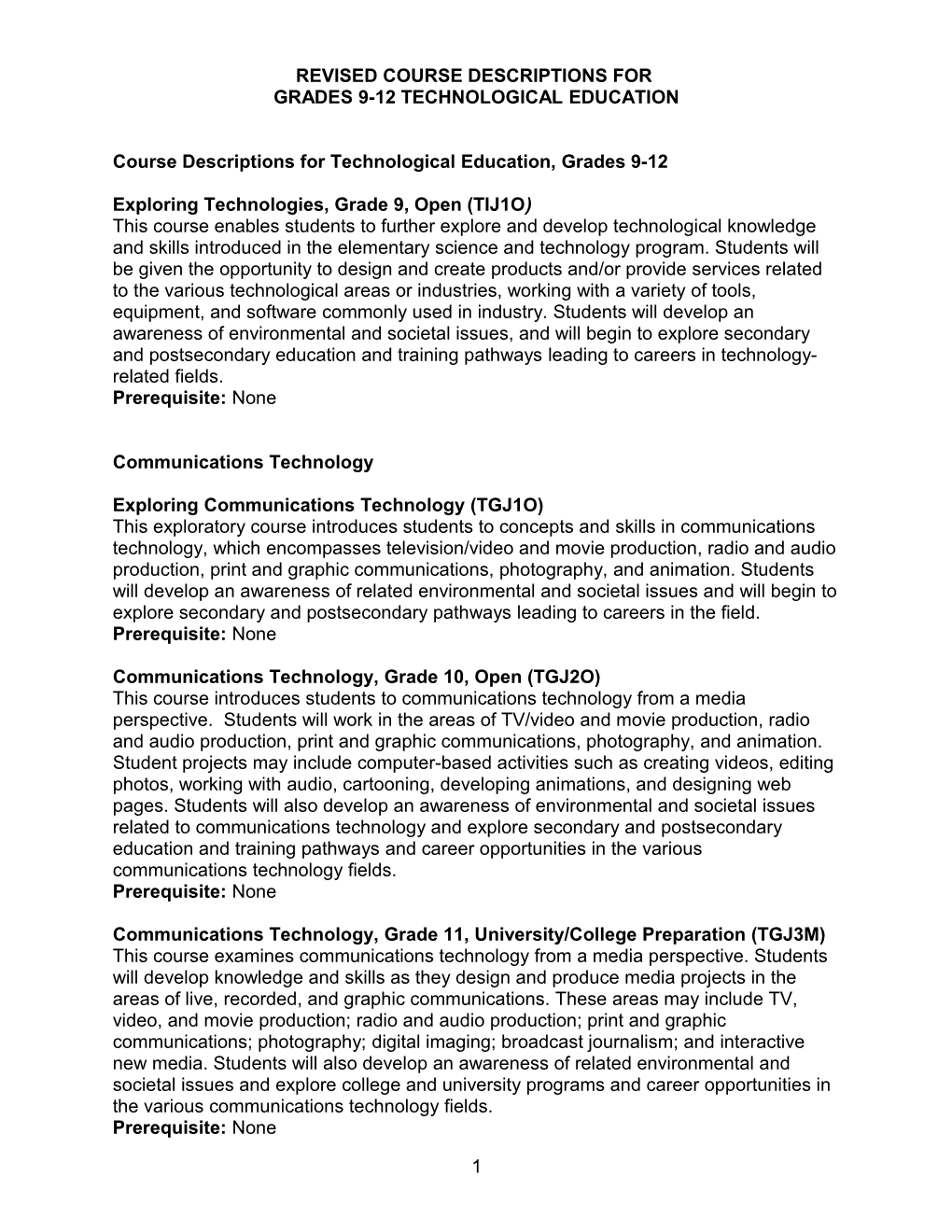 Revised Course Descriptions For