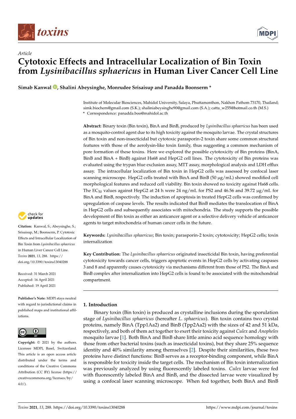 Cytotoxic Effects and Intracellular Localization of Bin Toxin from Lysinibacillus Sphaericus in Human Liver Cancer Cell Line