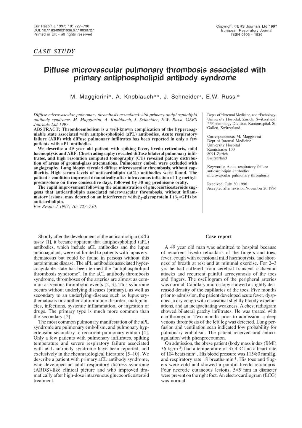 Diffuse Microvascular Pulmonary Thrombosis Associated with Primary Antiphospholipid Antibody Syndrome