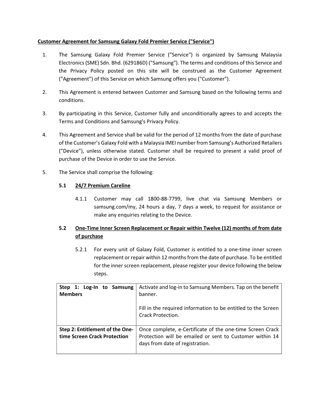 1. the Samsung Galaxy Fold Premier Service ("Service") Is Organized by Samsung Malaysia Electronics (SME) Sdn