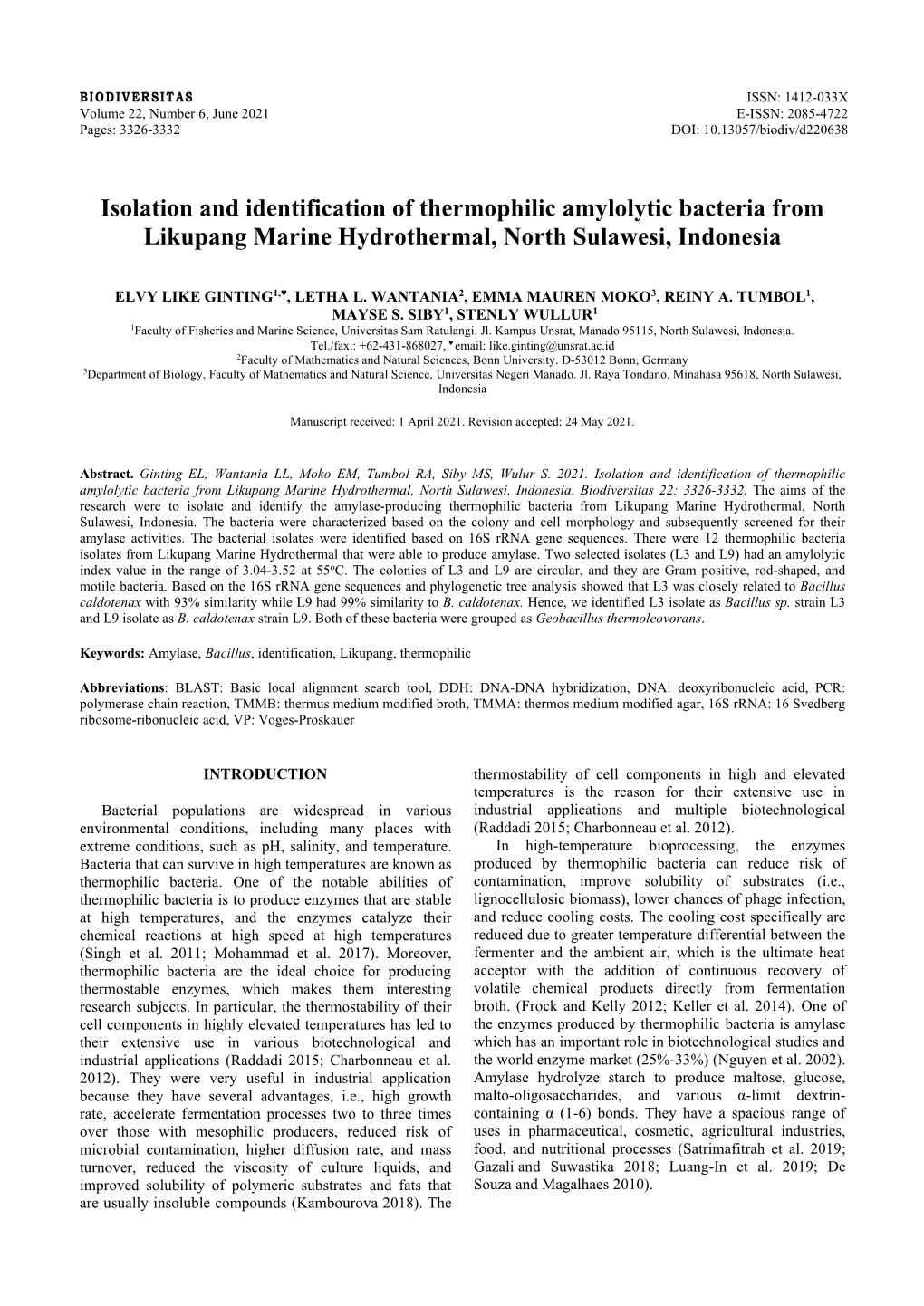 Isolation and Identification of Thermophilic Amylolytic Bacteria from Likupang Marine Hydrothermal, North Sulawesi, Indonesia