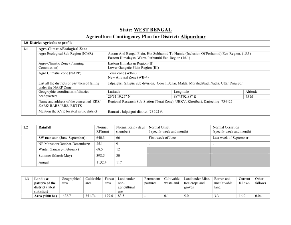 State: WEST BENGAL Agriculture Contingency Plan for District: Alipurduar