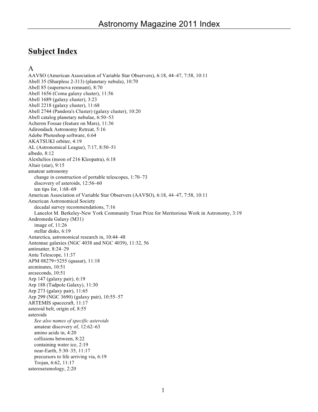 Astronomy Magazine 2011 Index Subject Index