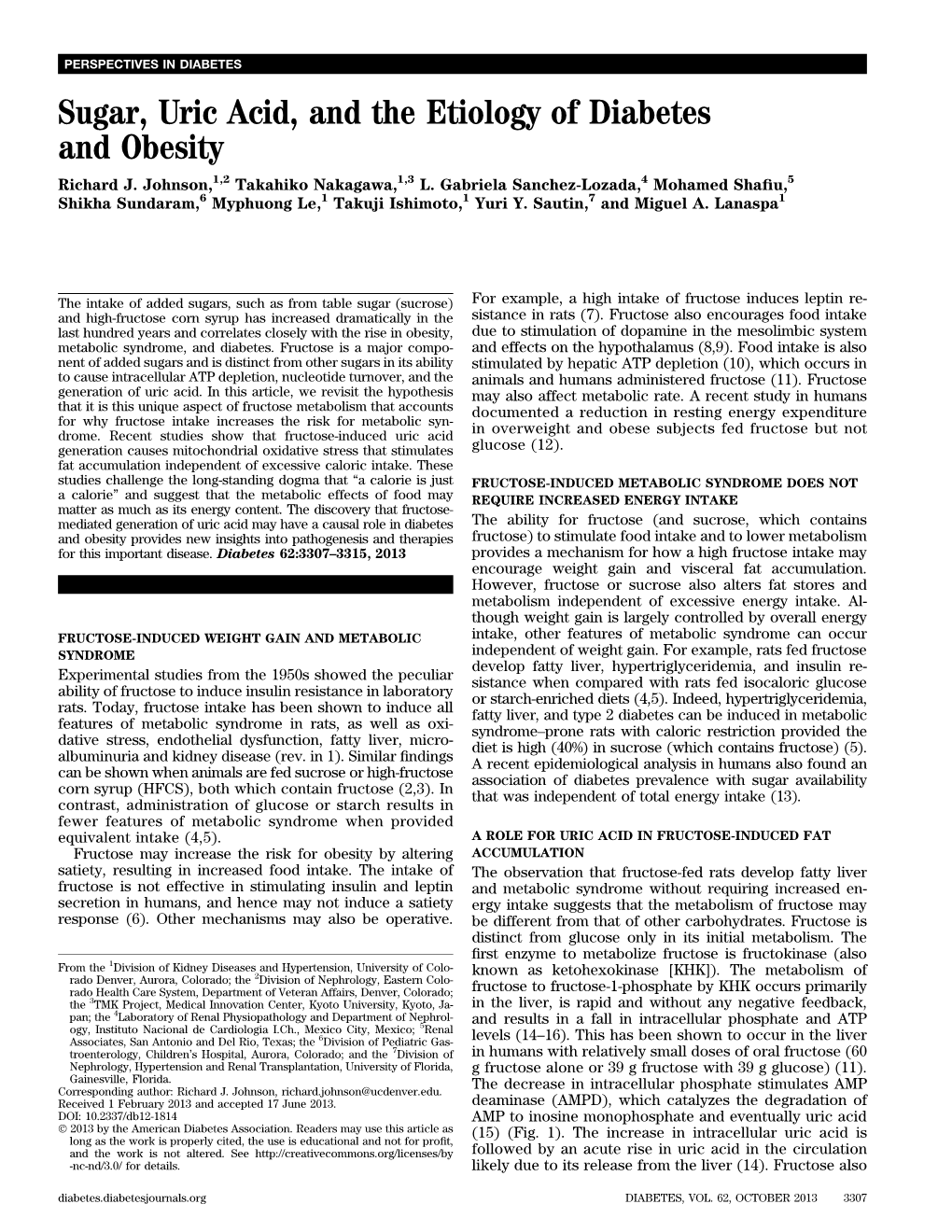 Sugar, Uric Acid, and the Etiology of Diabetes and Obesity Richard J