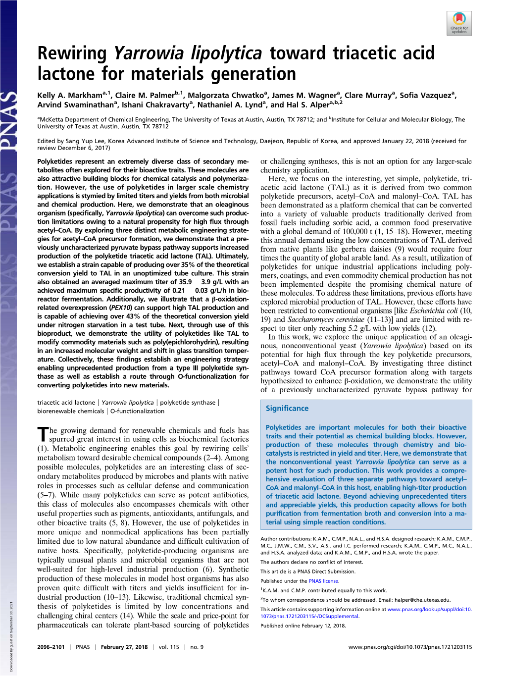 Rewiring Yarrowia Lipolytica Toward Triacetic Acid Lactone for Materials Generation