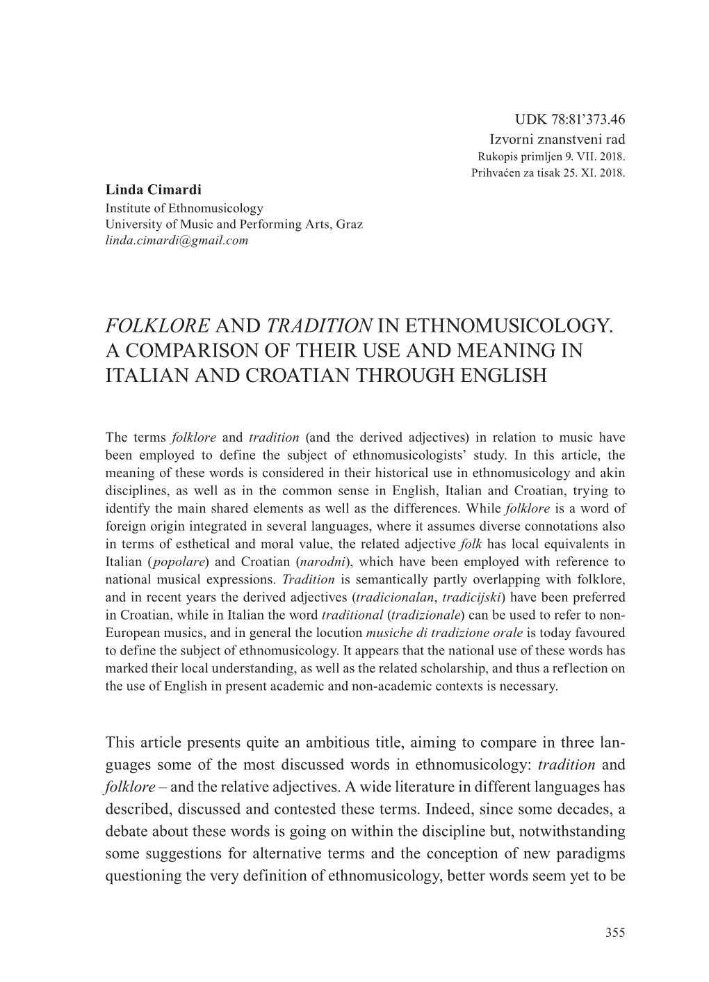 Folklore and Tradition in Ethnomusicology. a Comparison of Their Use and Meaning in Italian and Croatian Through English