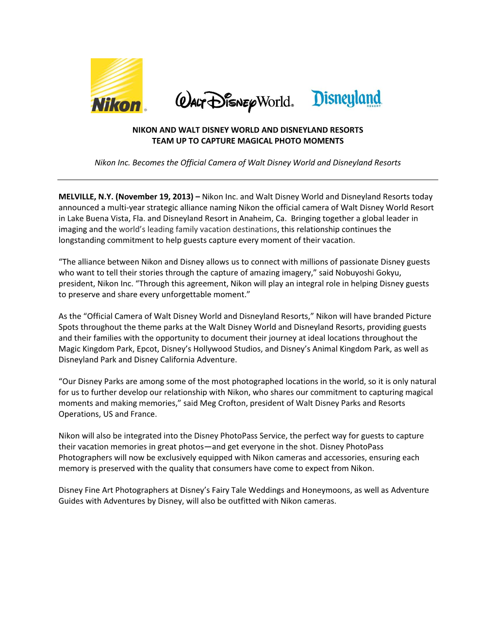 Nikon and Walt Disney World and Disneyland Resorts Team up to Capture Magical Photo Moments