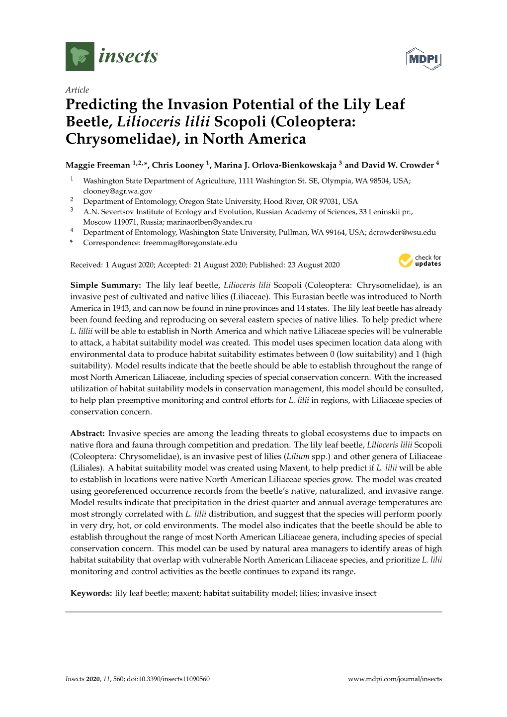 Predicting the Invasion Potential of the Lily Leaf Beetle, Lilioceris Lilii Scopoli (Coleoptera: Chrysomelidae), in North America