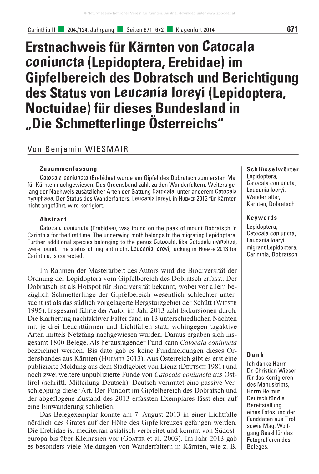 Erstnachweis Für Kärnten Von Catocala Coniuncta