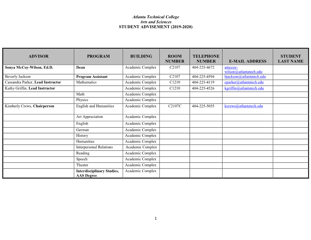 (2019-2020) Advisor Program Building Room Number