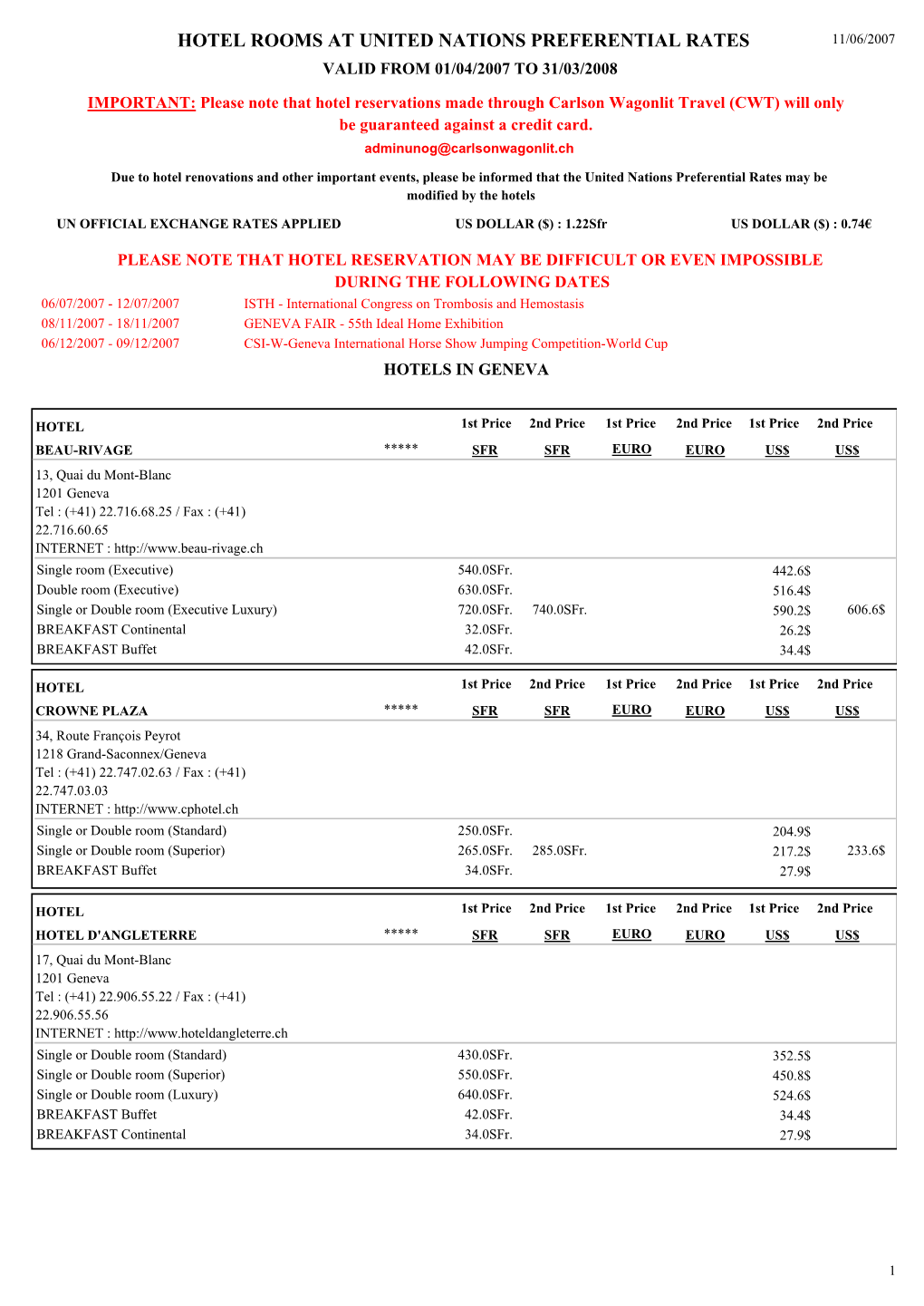 Hotel Rooms at United Nations Preferential Rates 11/06/2007 Valid from 01/04/2007 to 31/03/2008