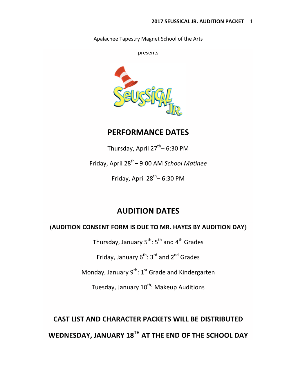 Seussical Jr AUDITION PACKET