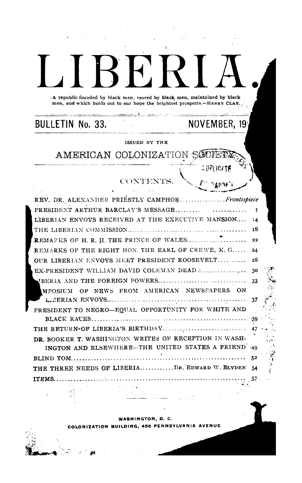 LIBERIA. -A Republic Founded by Black Men, Reared by Black Men, Maintained by Black Men, and Which Holds out to Our Hope the Brightest Prospects.—H Enry C L a Y