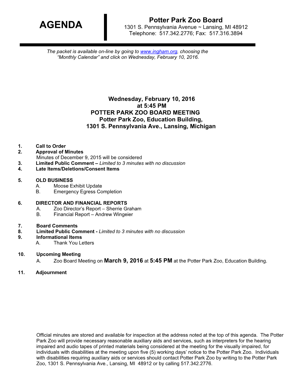 Potter Park Zoo Board AGENDA 1301 S