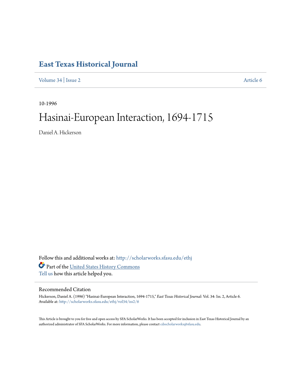 Hasinai-European Interaction, 1694-1715 Daniel A