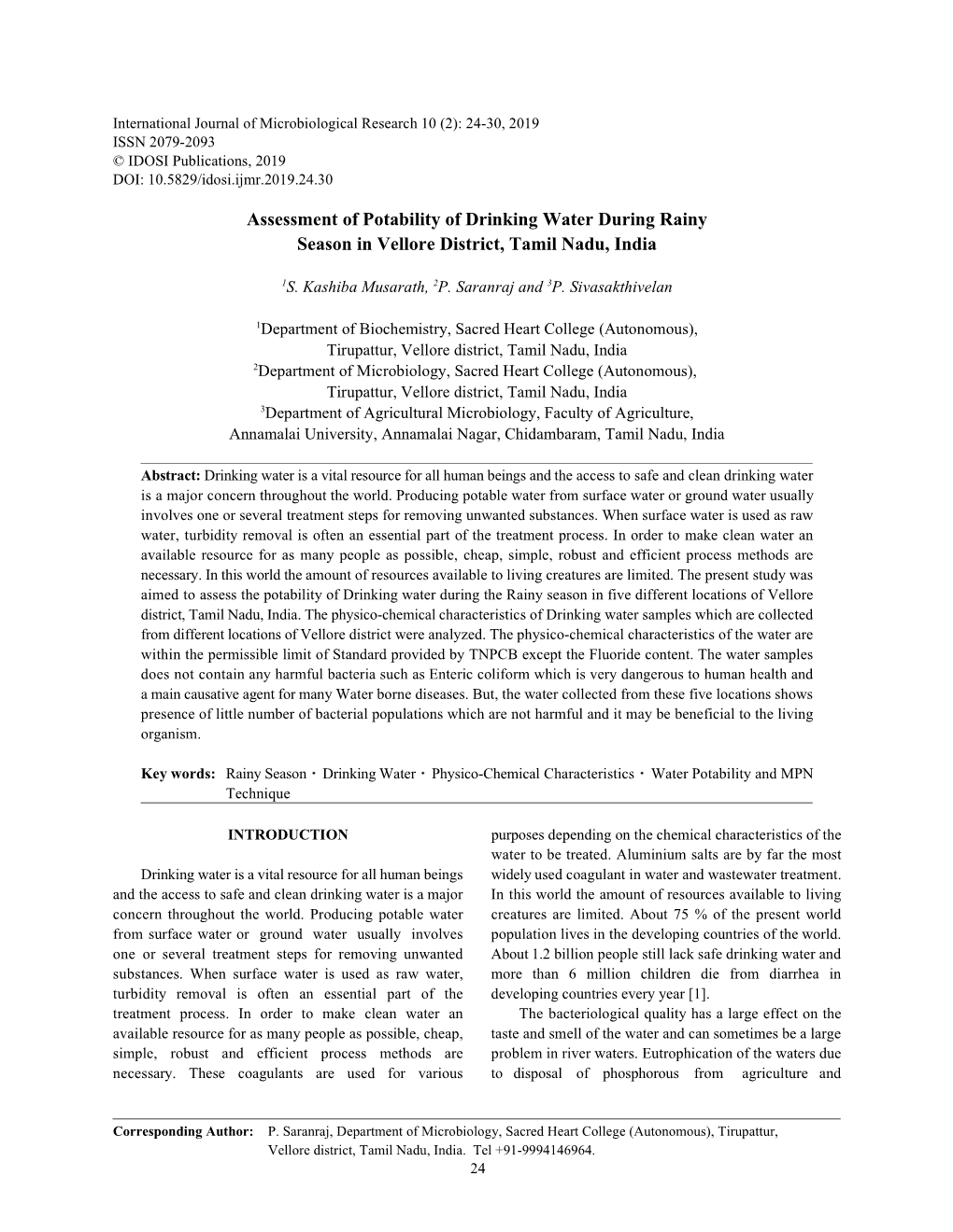 Assessment of Potability of Drinking Water During Rainy Season in Vellore District, Tamil Nadu, India