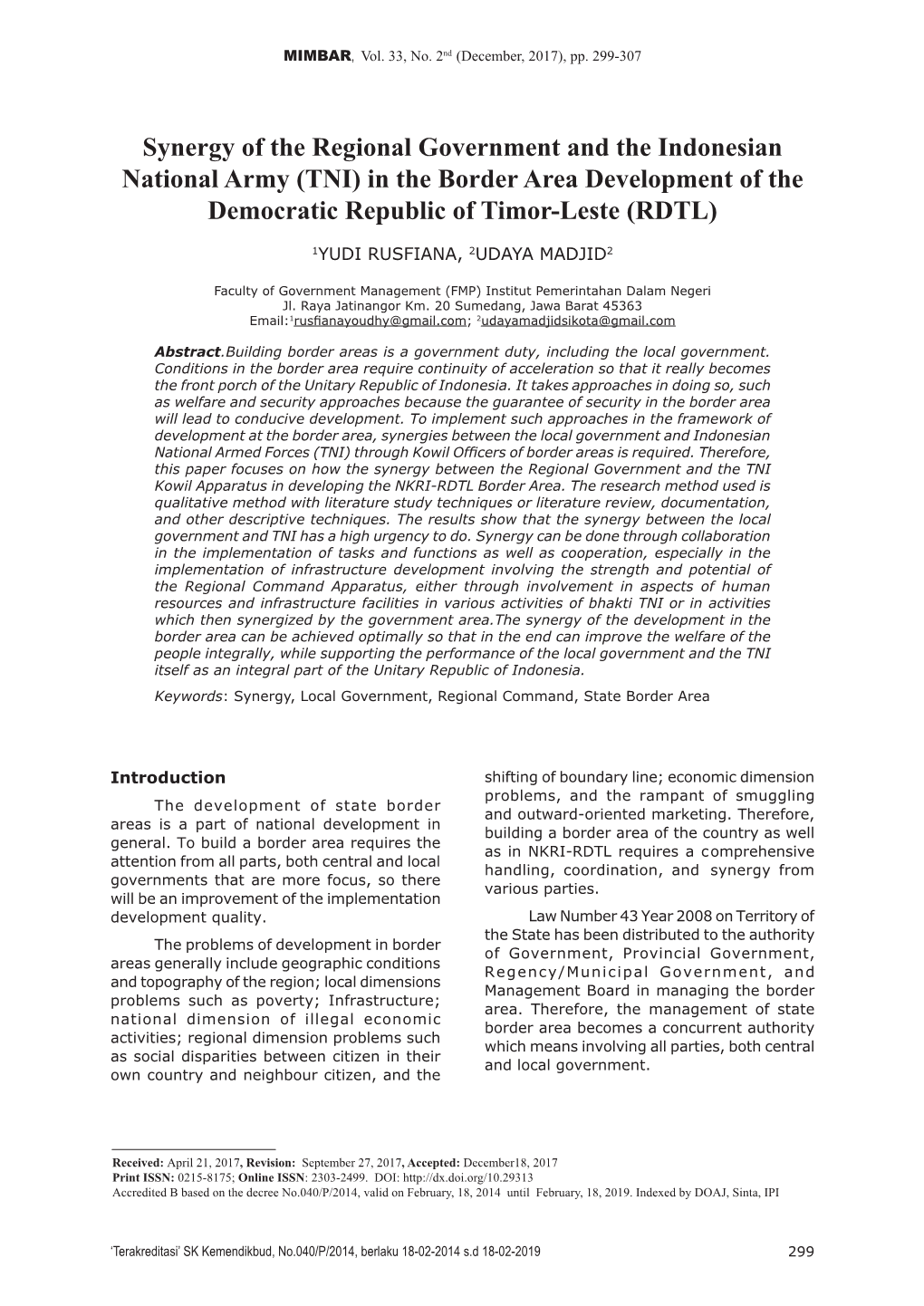 Synergy of the Regional Government and the Indonesian National Army (TNI) in the Border Area Development of the Democratic Republic of Timor-Leste (RDTL)