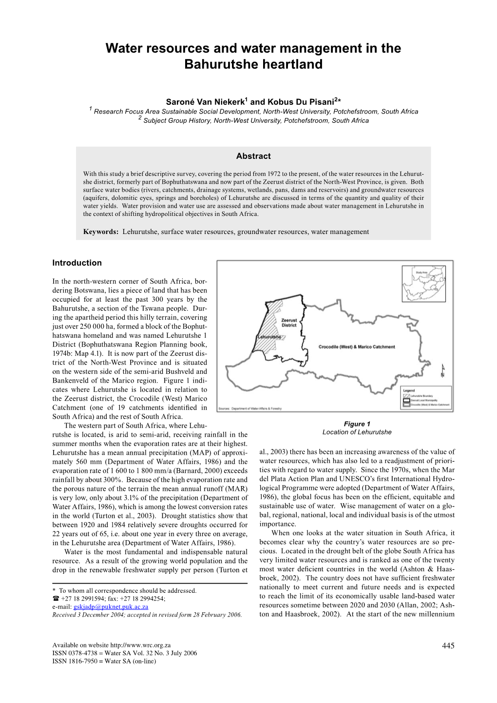 Water Resources and Water Management in the Bahurutshe Heartland