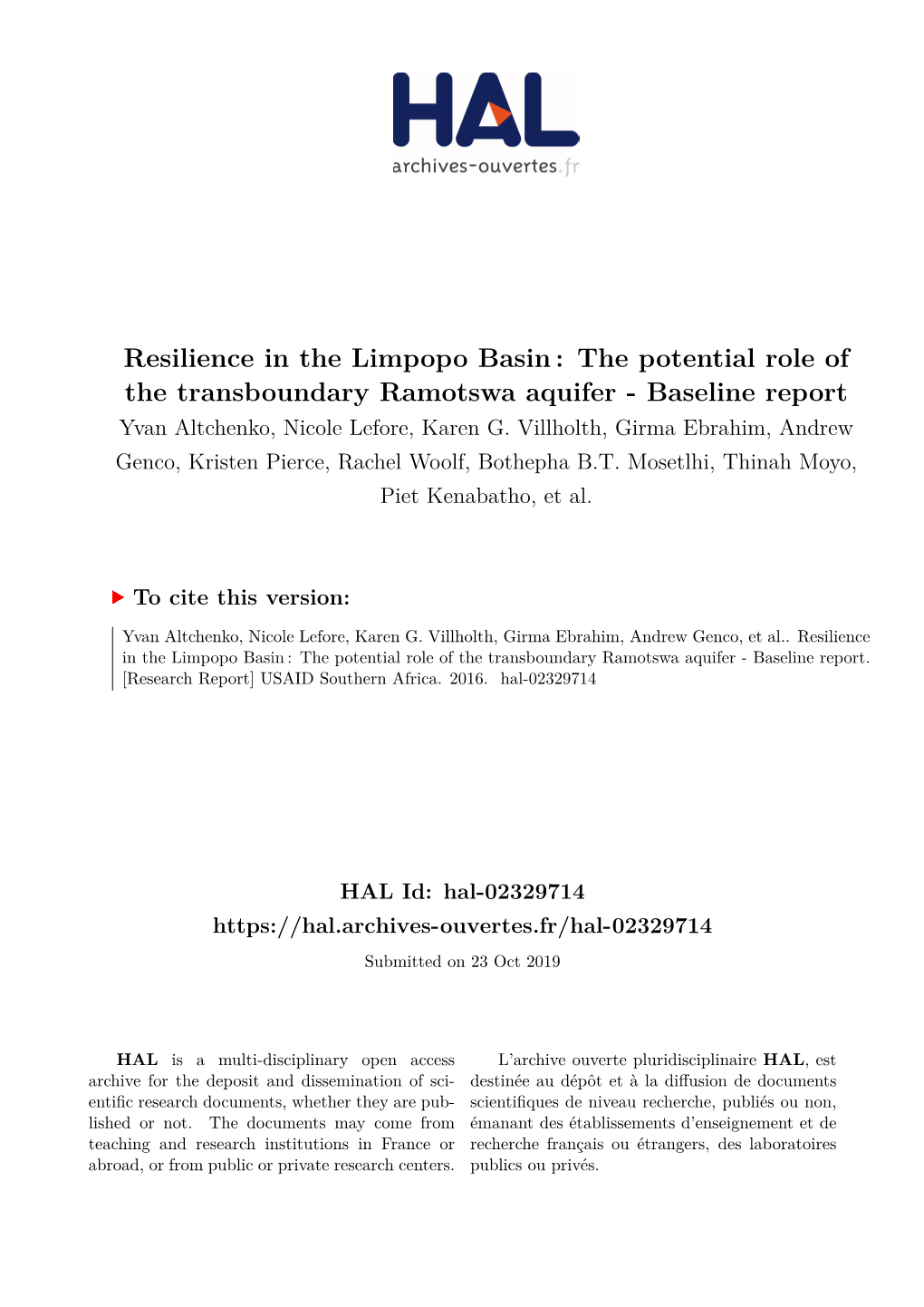 The Potential Role of the Transboundary Ramotswa Aquifer - Baseline Report Yvan Altchenko, Nicole Lefore, Karen G