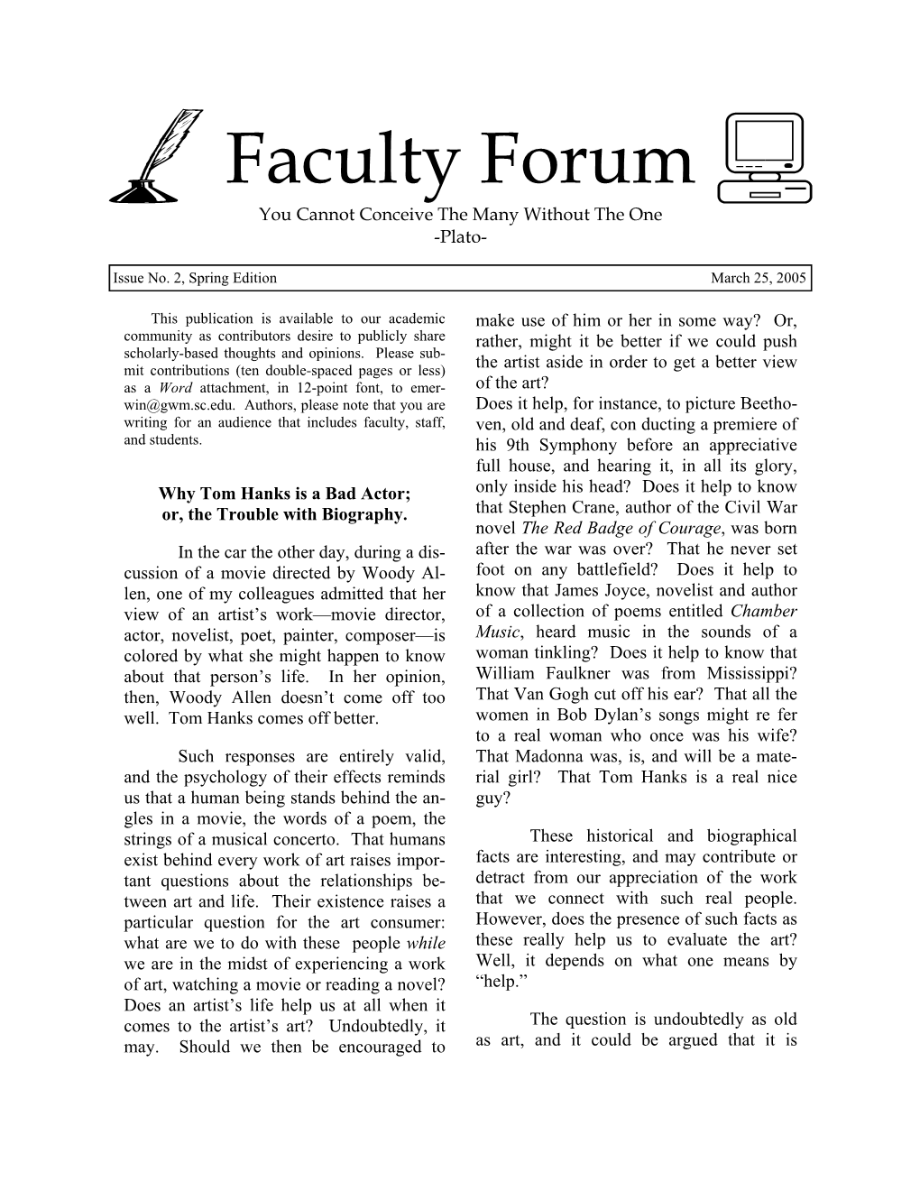 Faculty Forum Newsletter March, 2005