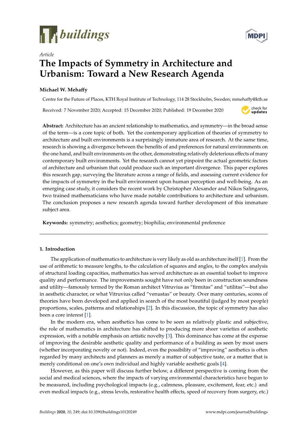 The Impacts of Symmetry in Architecture and Urbanism: Toward a New Research Agenda