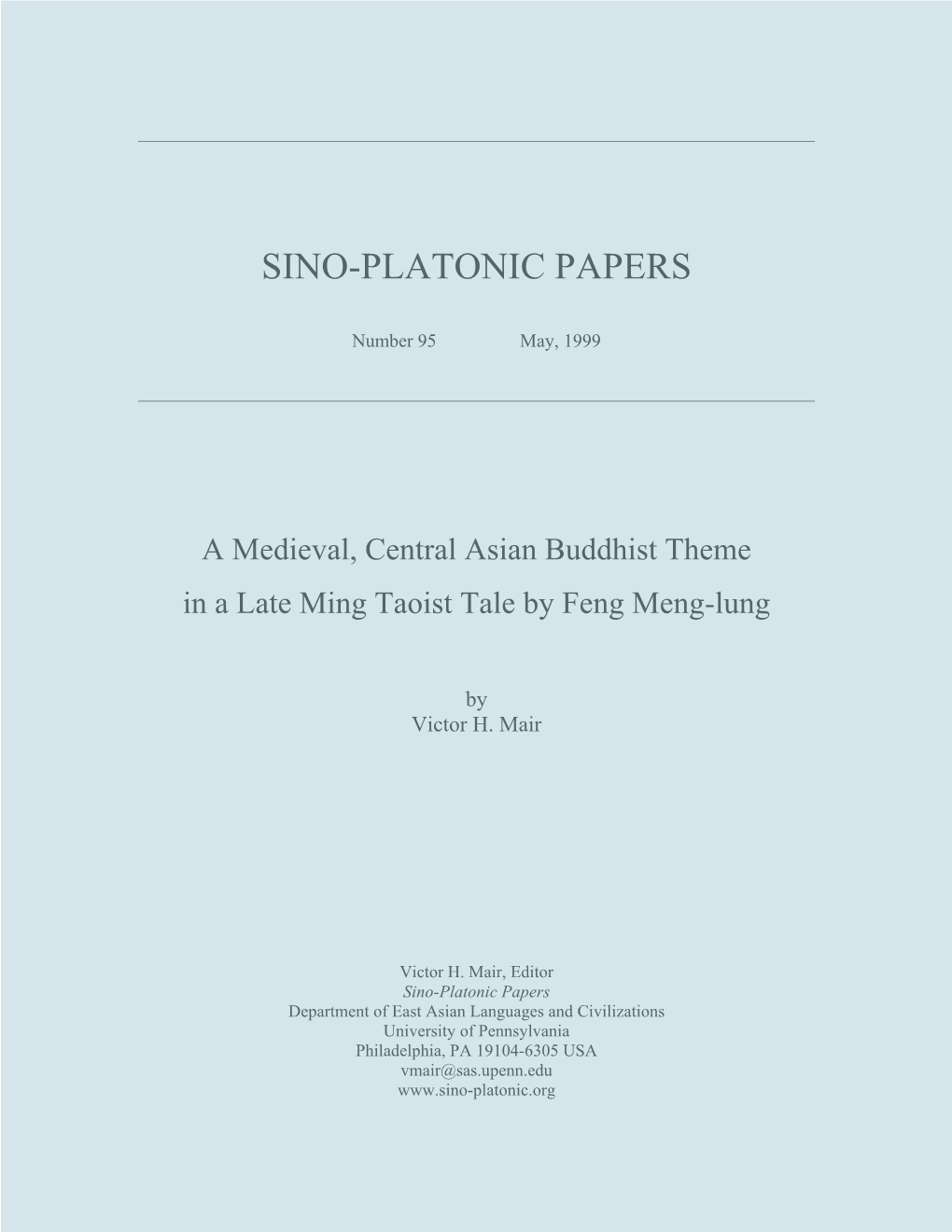 A Medieval, Central Asian Buddhist Theme in a Late Ming Taoist Tale by Feng Meng-Lung