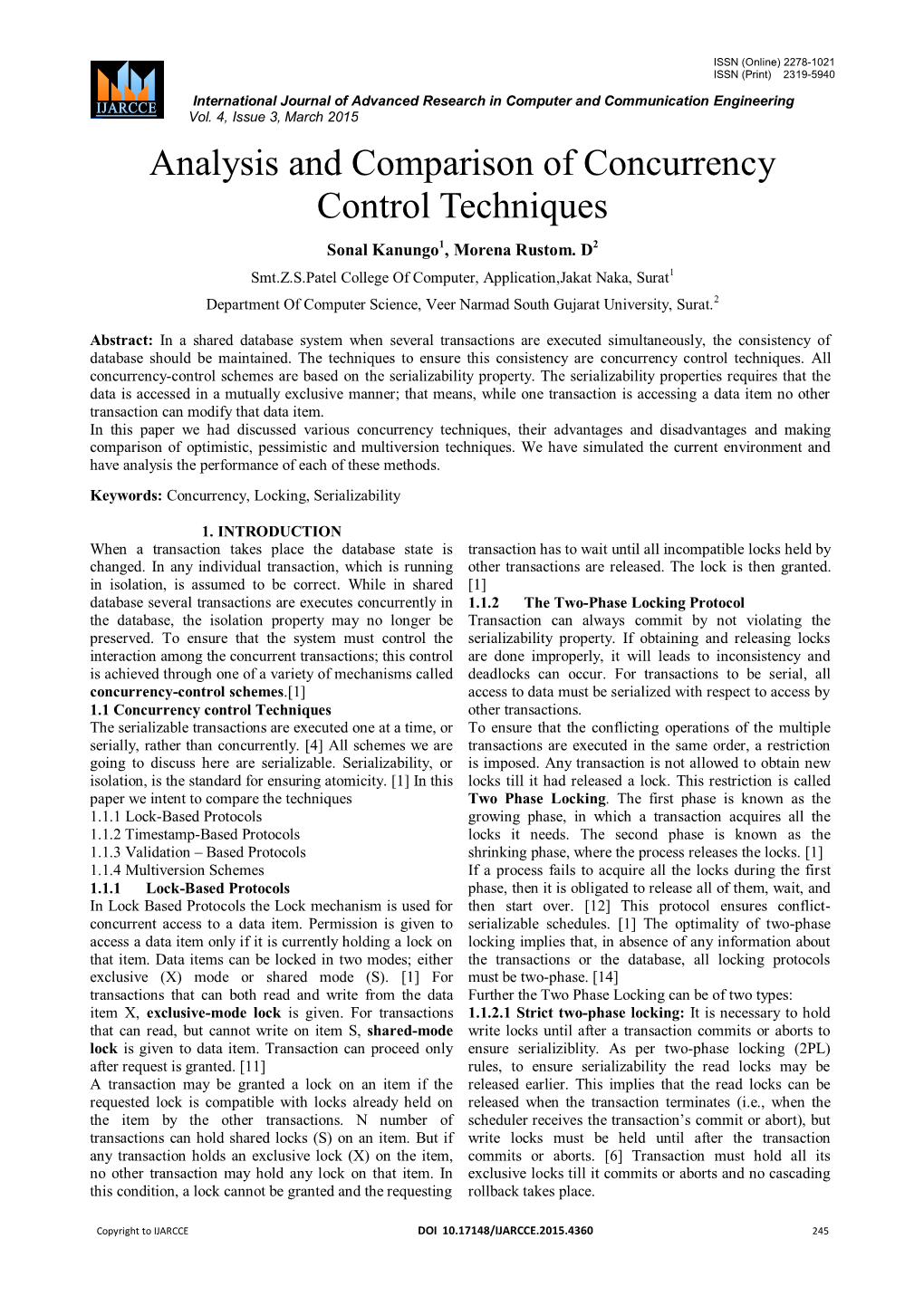 Analysis and Comparison of Concurrency Control Techniques