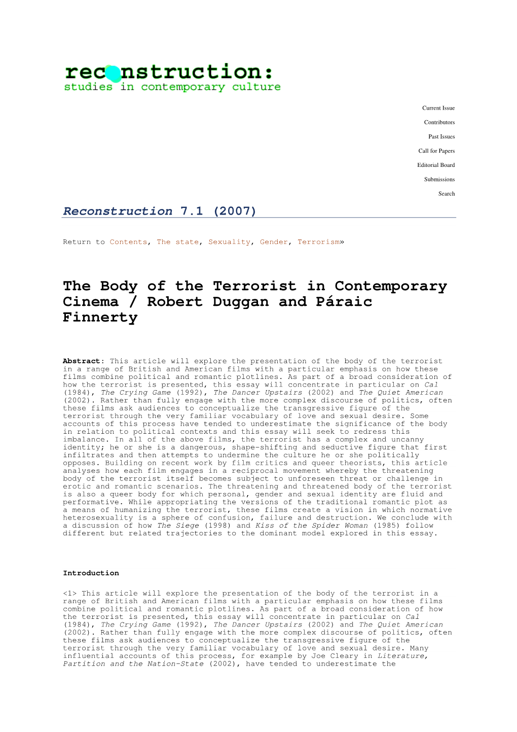 The Body of the Terrorist in Contemporary Cinema / Robert Duggan and Páraic Finnerty