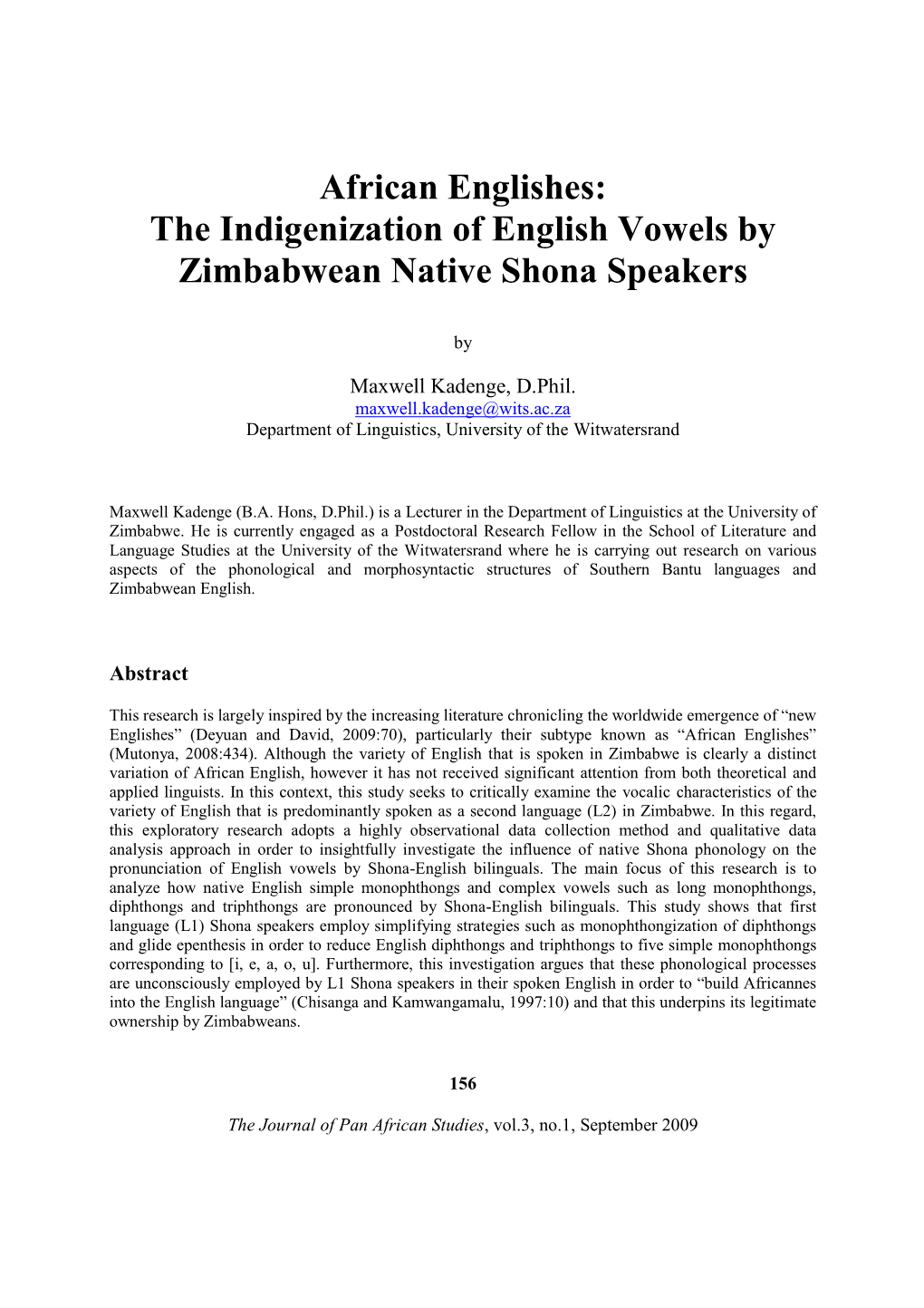 The Indigenization of English Vowels by Zimbabwean Native Shona Speakers