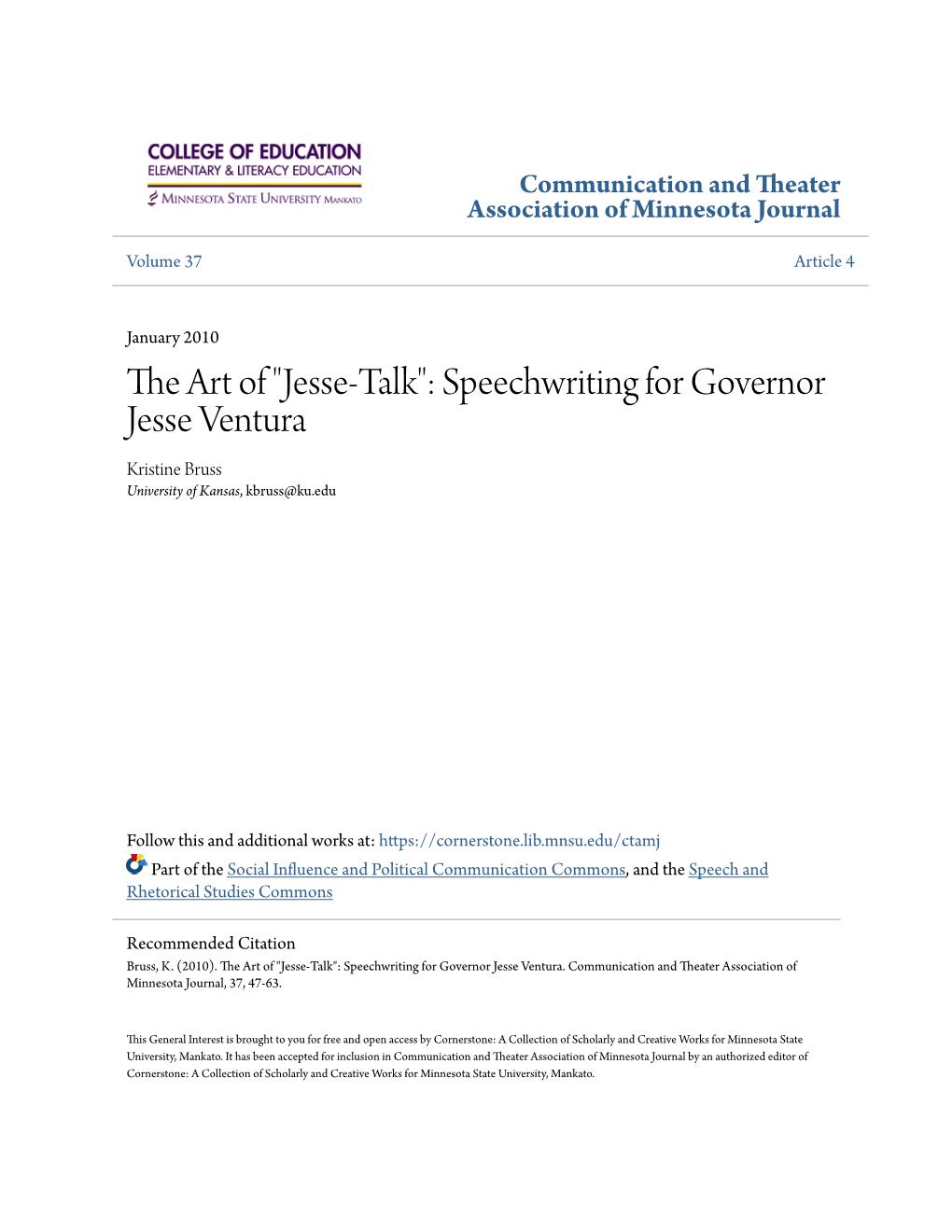 Speechwriting for Governor Jesse Ventura Kristine Bruss University of Kansas, Kbruss@Ku.Edu