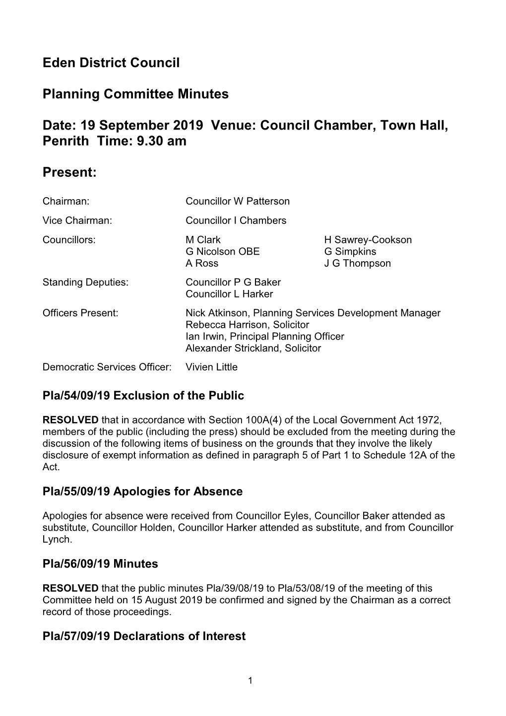 (Public Pack)Minutes Document for Planning Committee, 19/09/2019 09:30