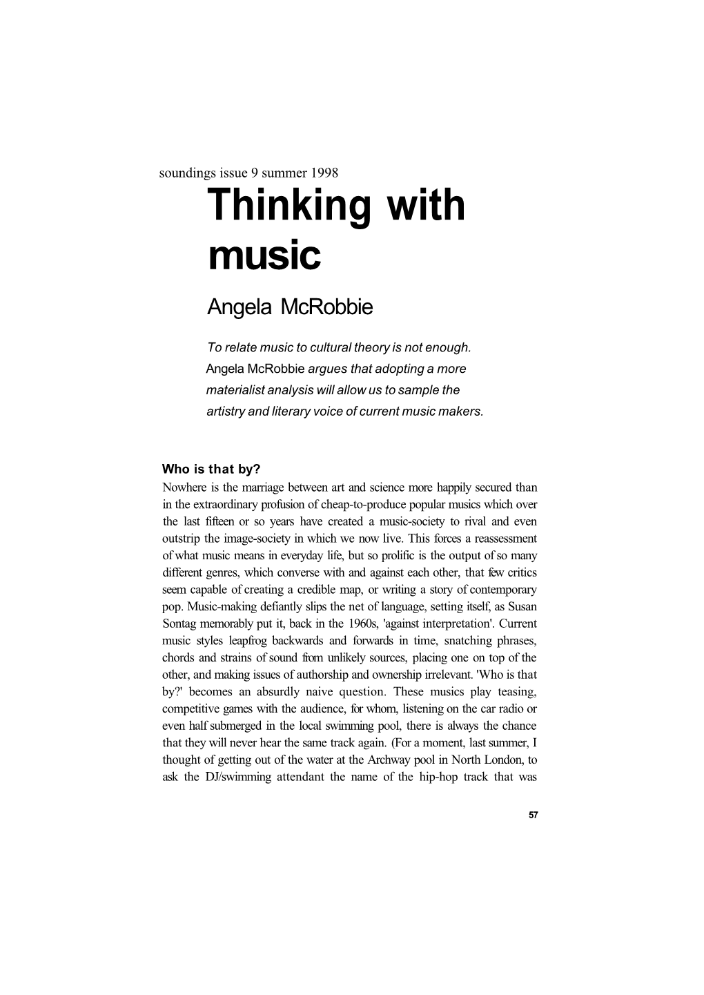 Thinking with Music Angela Mcrobbie