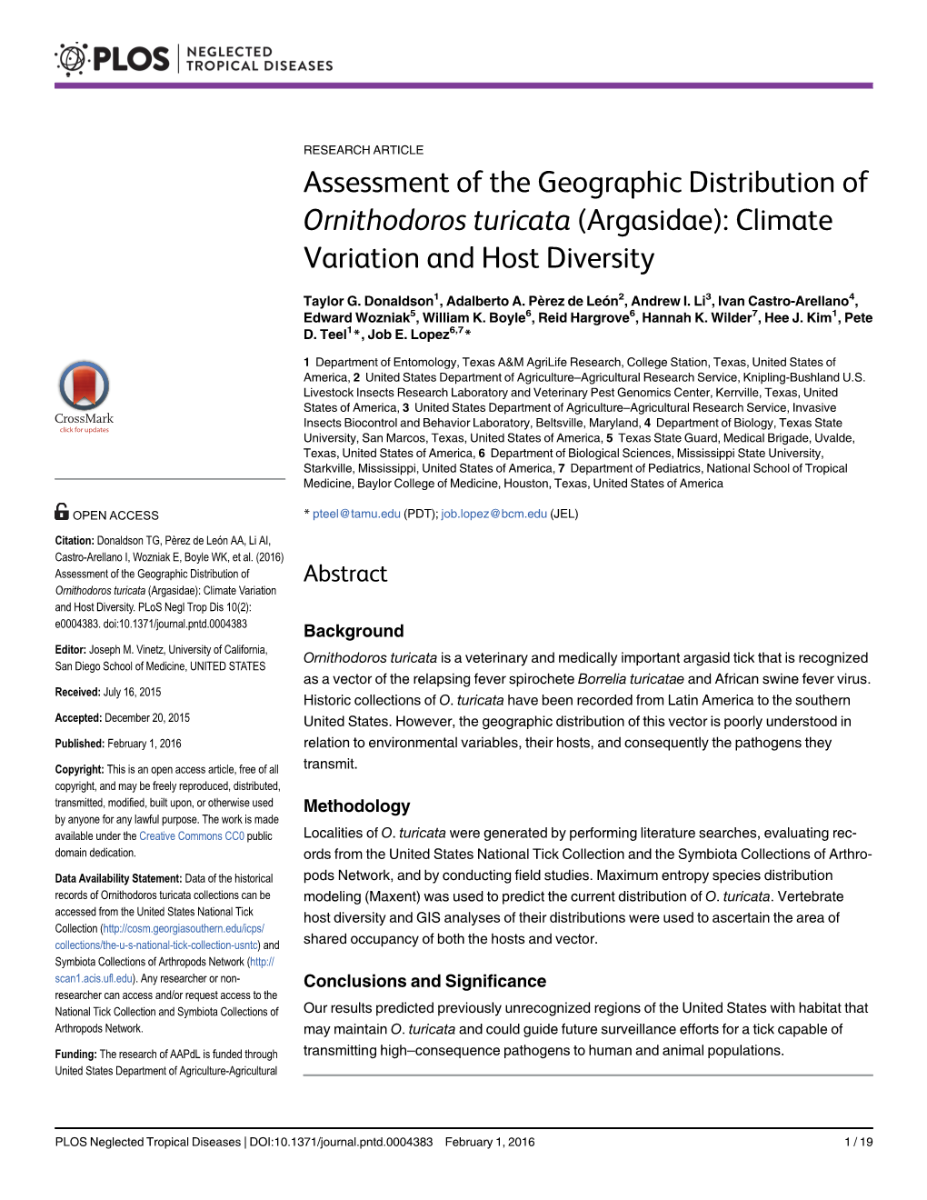 Ornithodoros Turicata (Argasidae): Climate Variation and Host Diversity