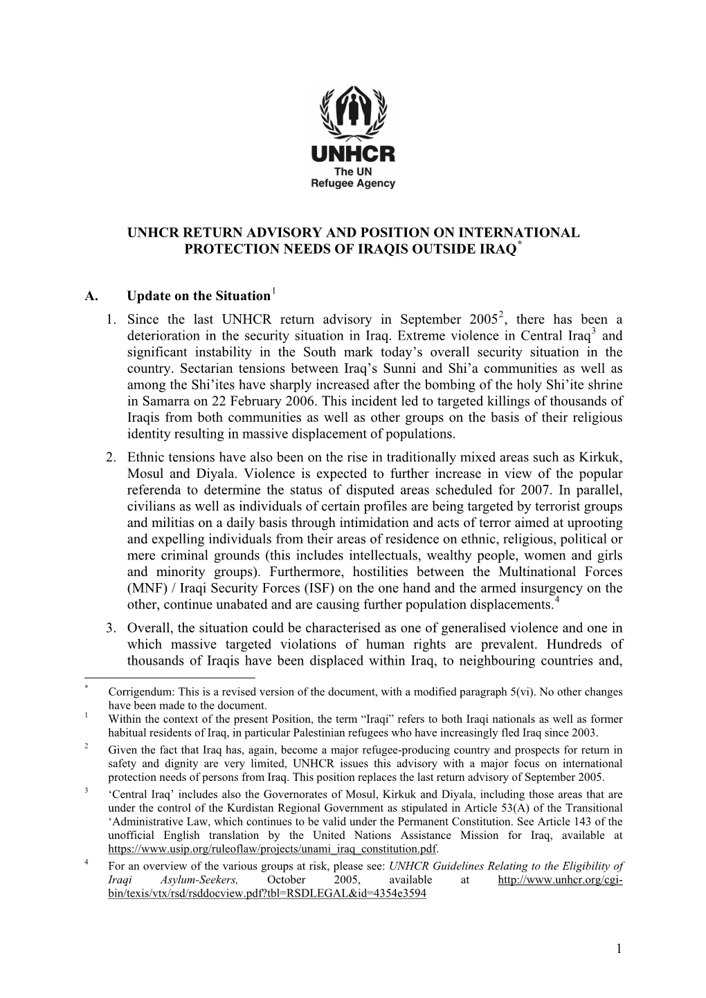 UNHCR Advisory Regarding