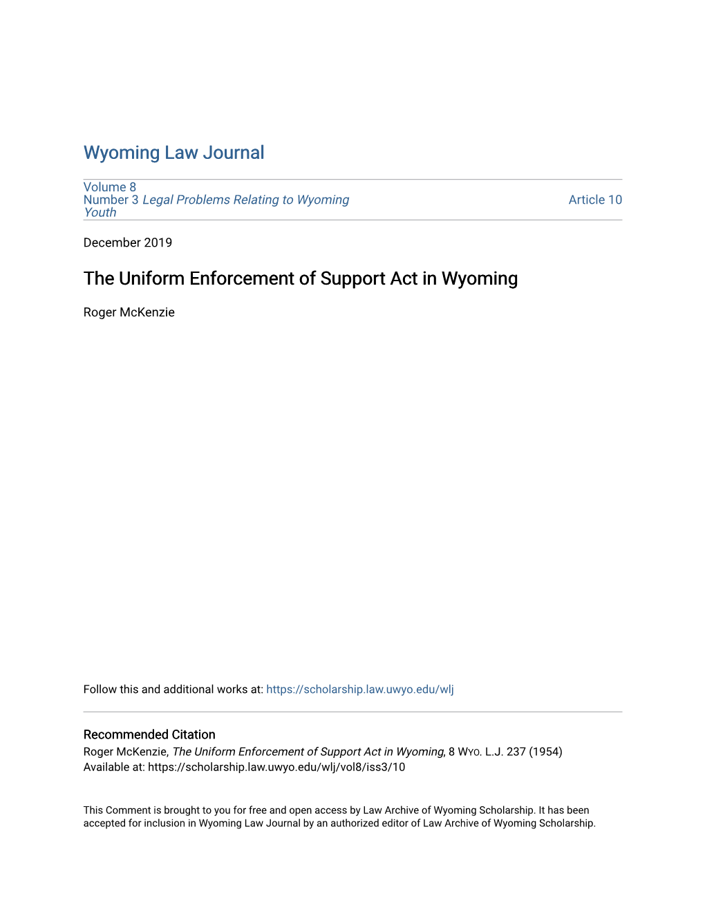 The Uniform Enforcement of Support Act in Wyoming