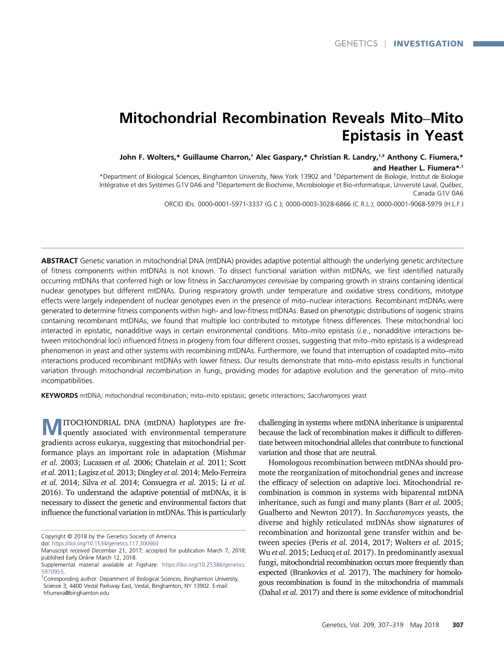 Mitochondrial Recombination Reveals Mito–Mito Epistasis in Yeast