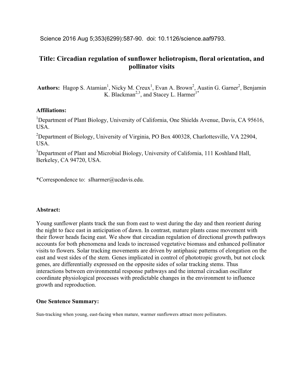 Circadian Regulation of Sunflower Heliotropism, Floral Orientation, and Pollinator Visits