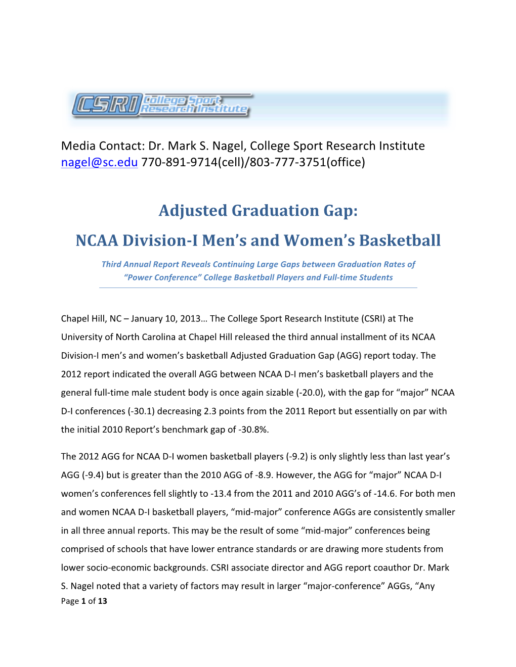 Adjusted Graduation Gap: NCAA Division-I Men’S and Women’S Basketball