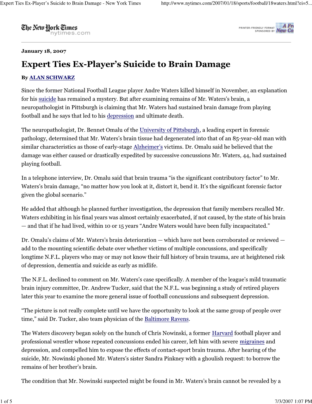 (Expert Ties Ex-Player\222S Suicide to Brain Damage