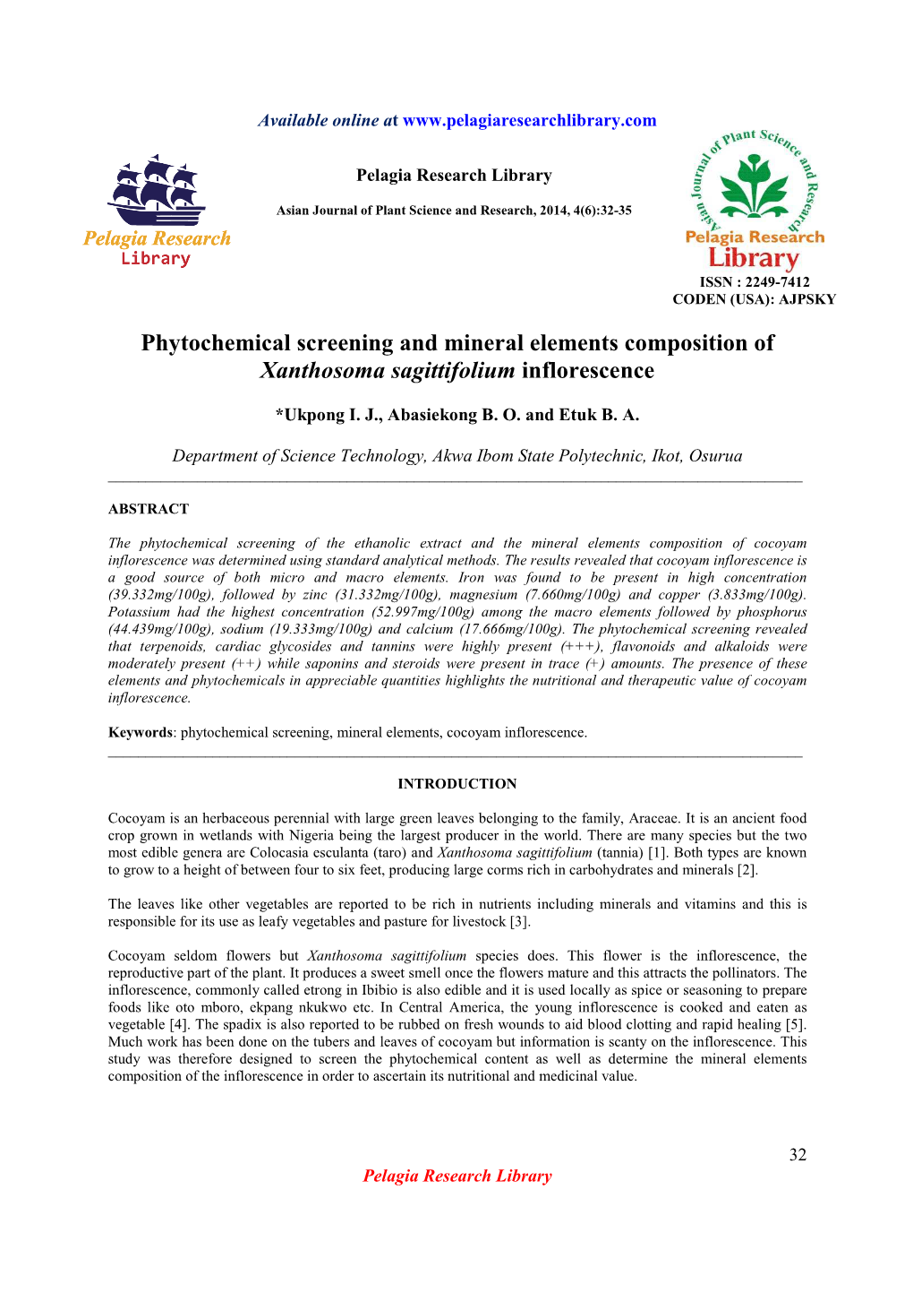 Phytochemical Screening and Mineral Elements Composition of Xanthosoma Sagittifolium Inflorescence