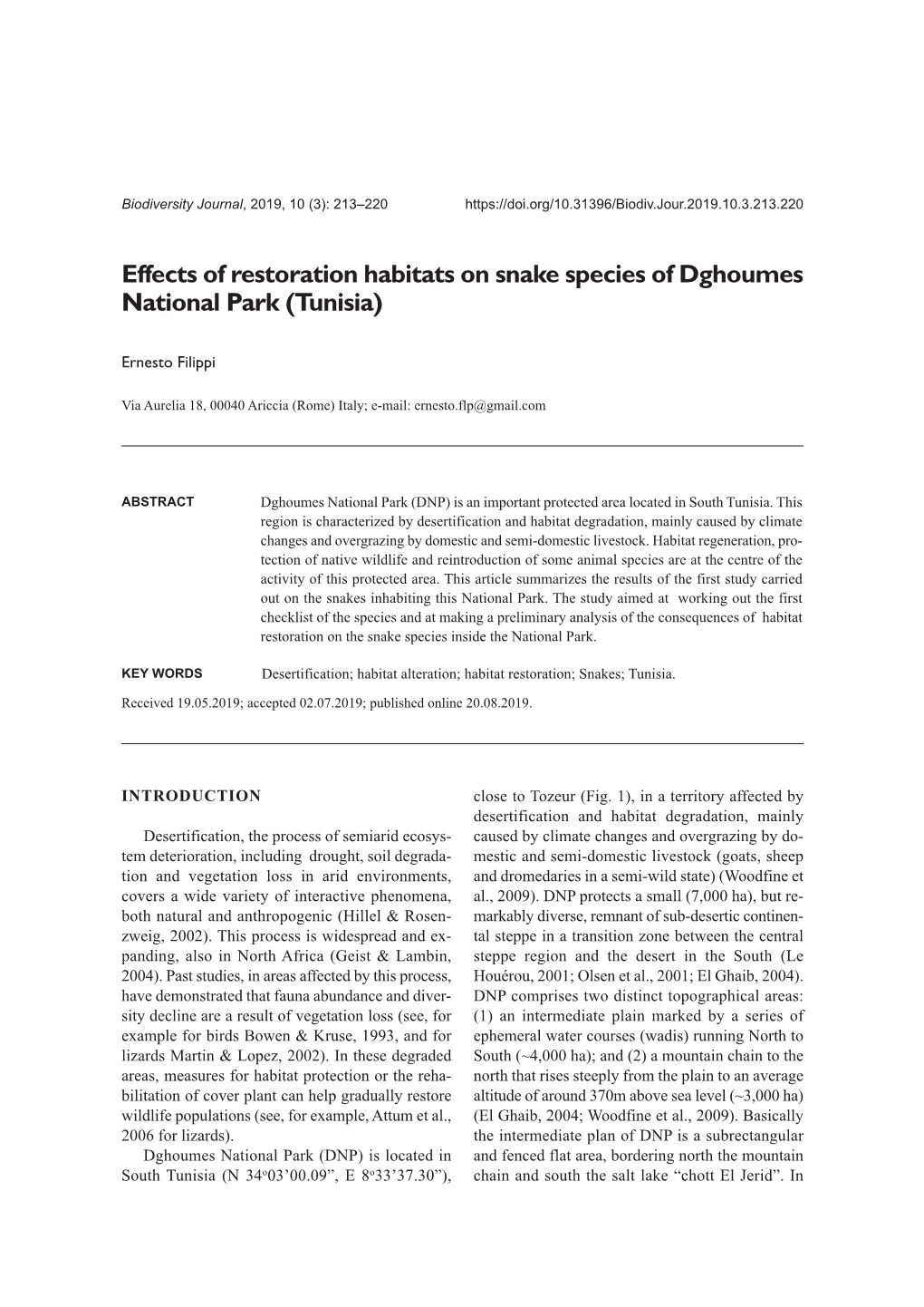 Effects of Restoration Habitats on Snake Species of Dghoumes National Park (Tunisia)