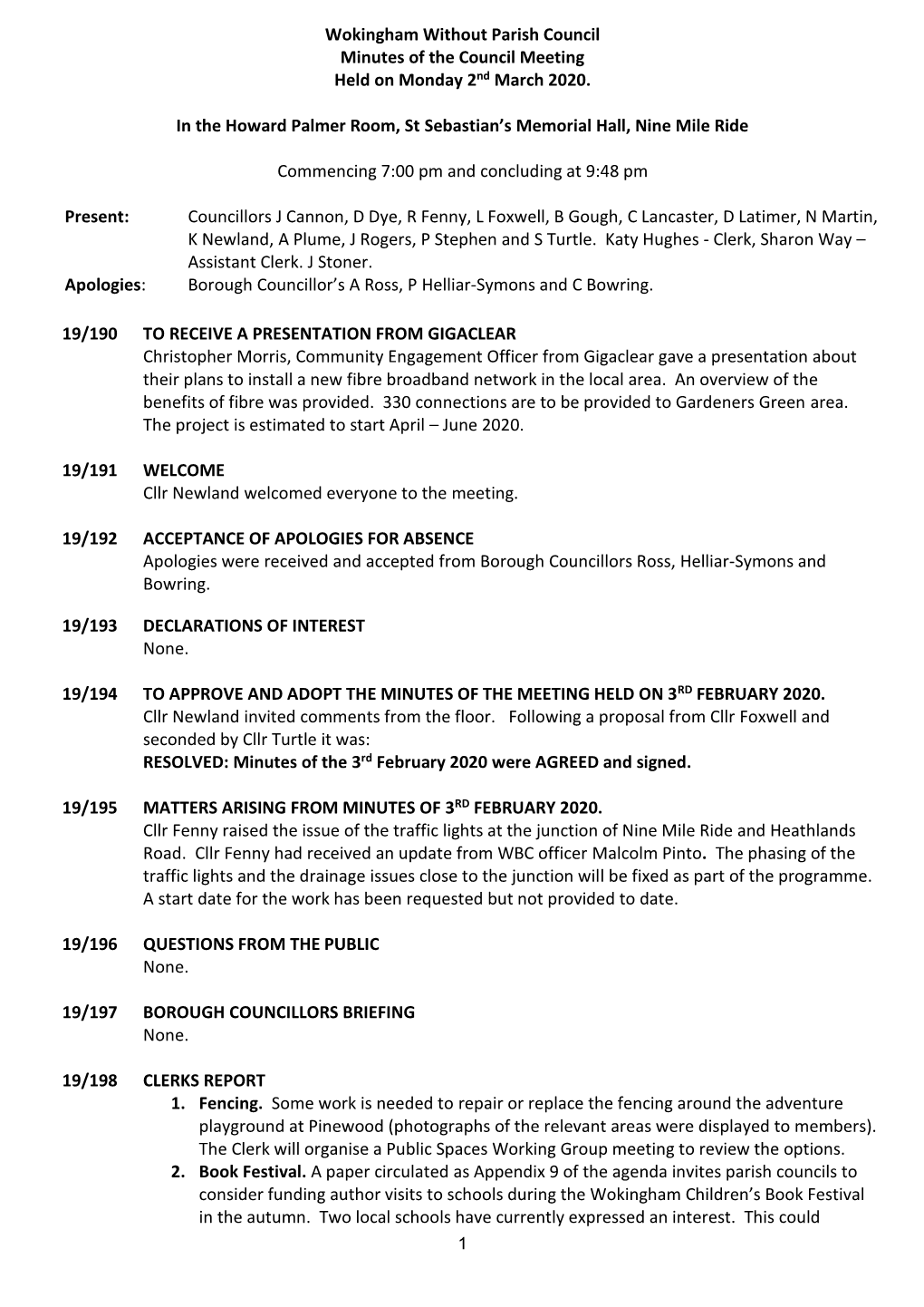 Wokingham Without Parish Council Minutes of the Council Meeting Held on Monday 2Nd March 2020