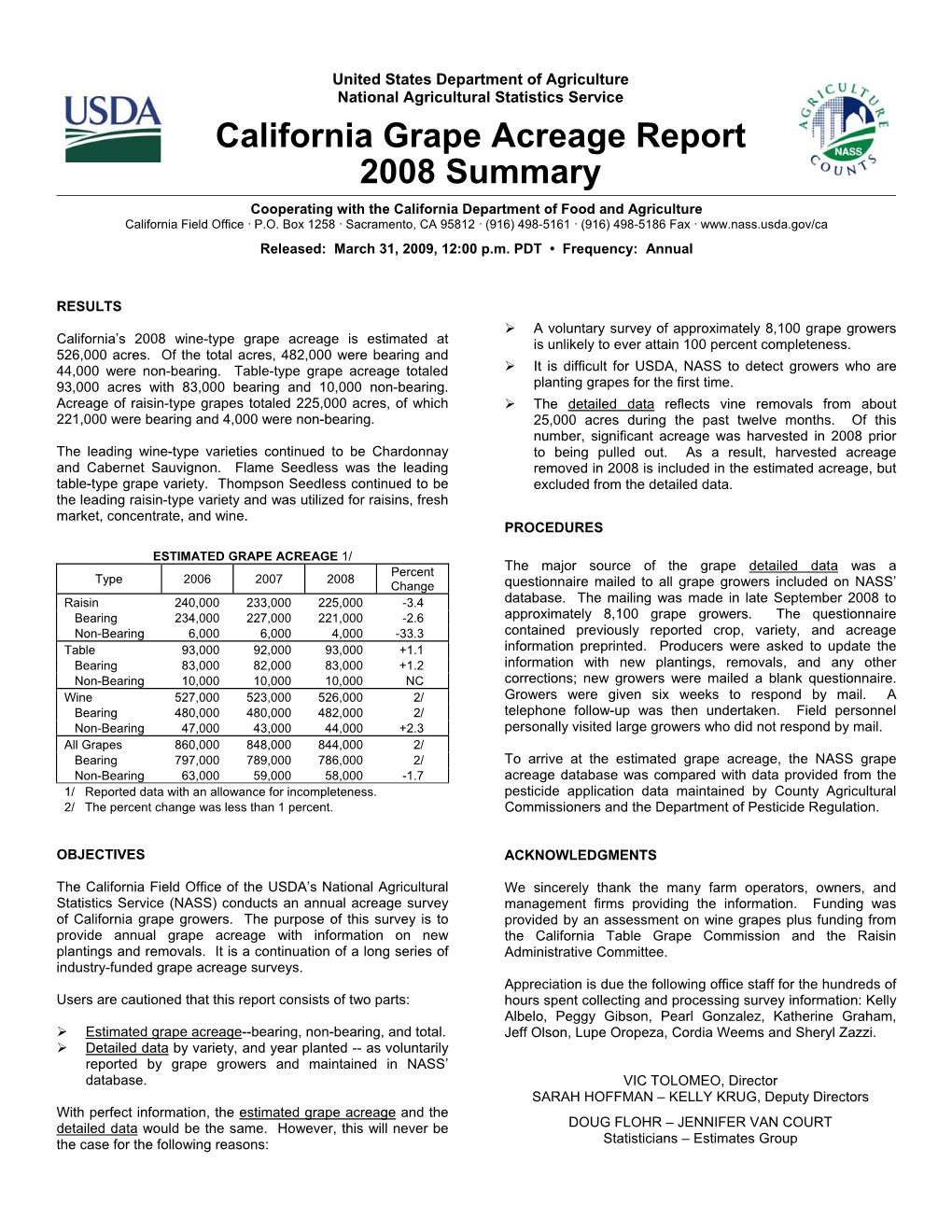 California Grape Acreage Report 2008 Summary