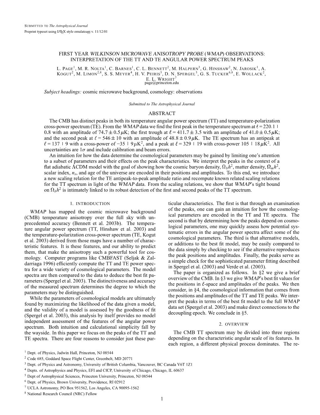 First Year Wilkinson Microwave Anisotropy Probe (Wmap) Observations: Interpretation of the Tt and Te Angular Power Spectrum Peaks