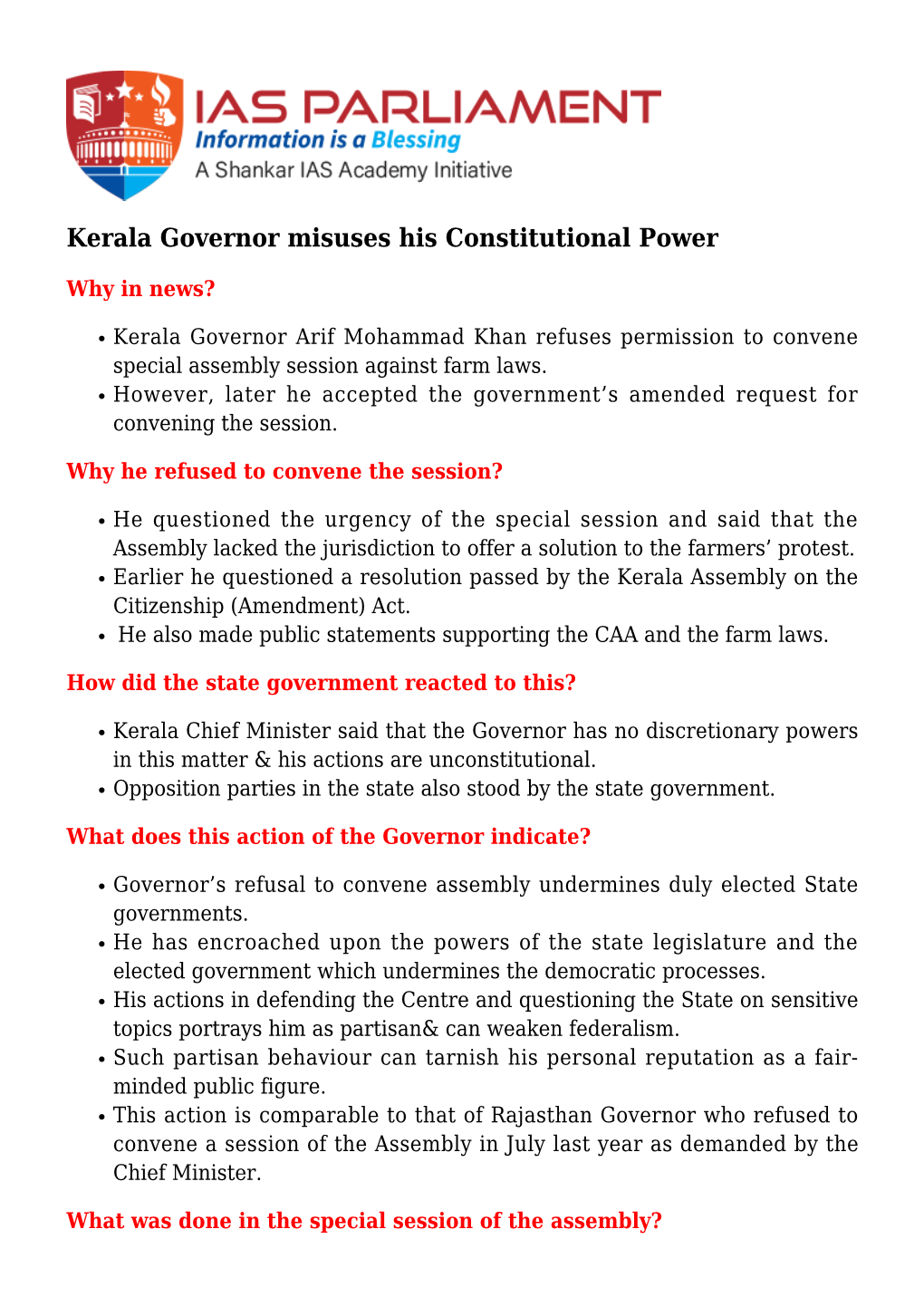 Kerala Governor Misuses His Constitutional Power