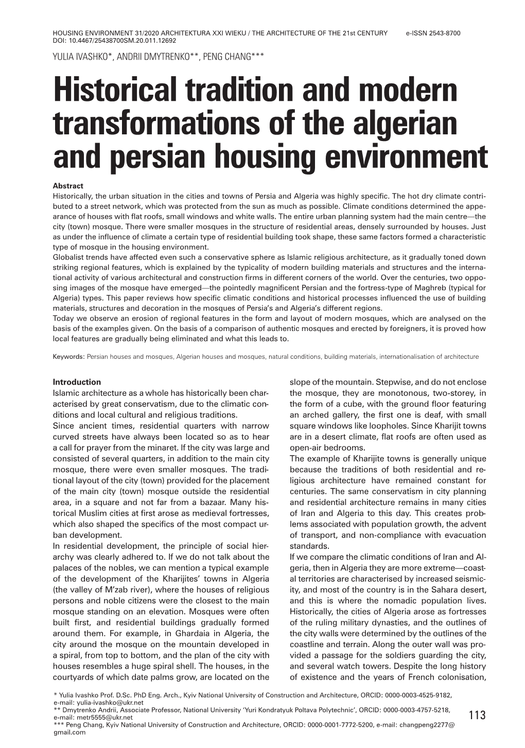 Historical Tradition and Modern Transformations of the Algerian and Persian Housing Environment