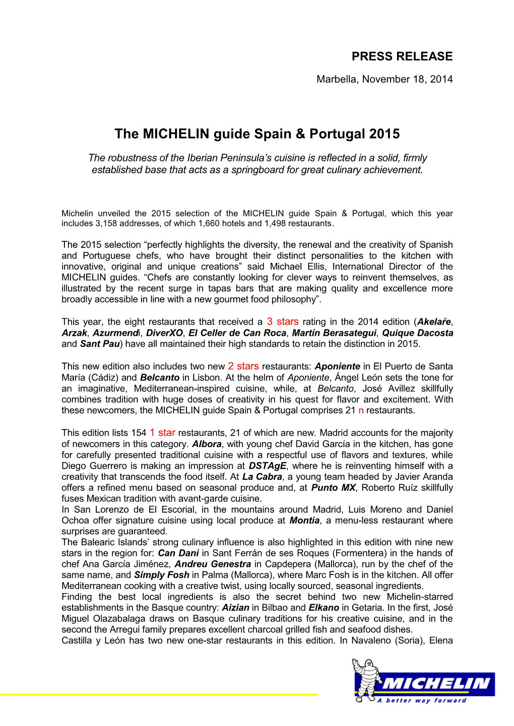 The MICHELIN Guide Spain & Portugal 2015