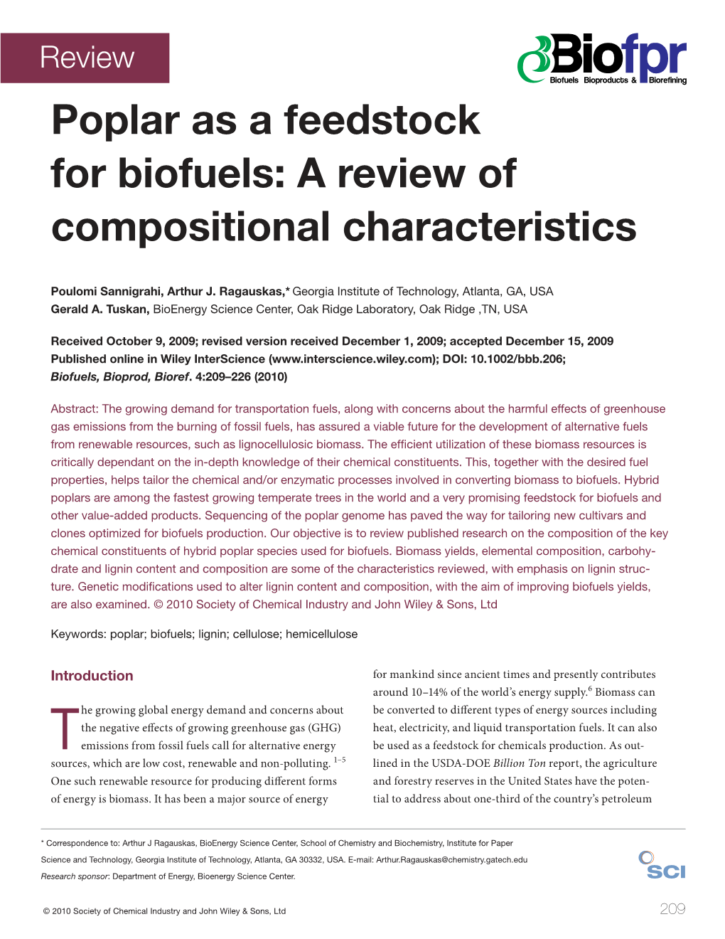 Poplar As a Feedstock for Biofuels: a Review of Compositional Characteristics