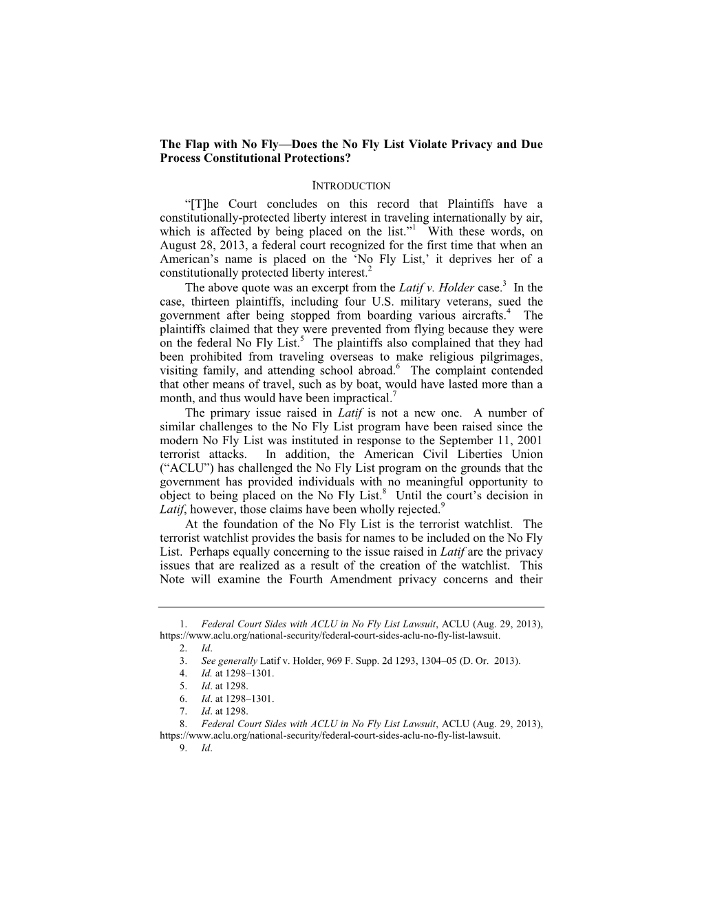 The Flap with No Fly—Does the No Fly List Violate Privacy and Due Process Constitutional Protections?