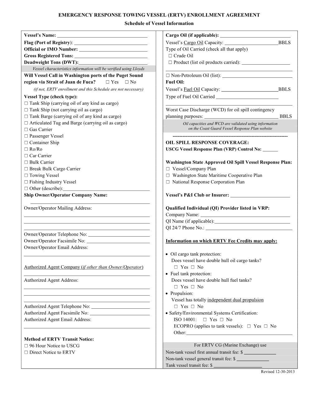 Emergency Response Towing Vessel (Ertv) Enrollment Agreement